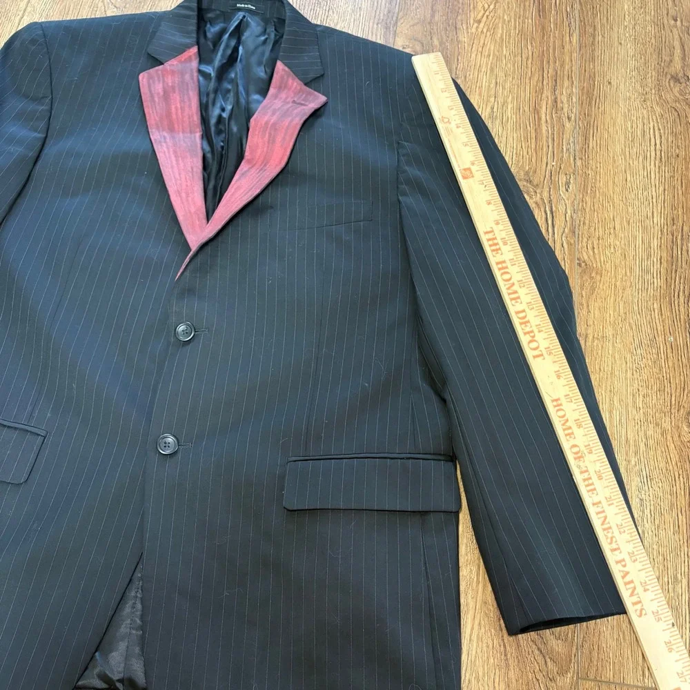 Pronto Uomo Mens 44R Black Pinstripe 100% Wool Blazer Red Painted Lapel Jacket - Picture 4 of 8